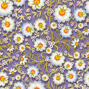 抽象复古无缝花卉装饰与紫色背景上的白花背景图片