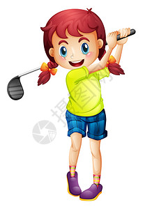 说明一个可爱的小女孩打高尔夫在白色背图片