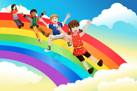 可爱儿童从彩虹下滑背景图片