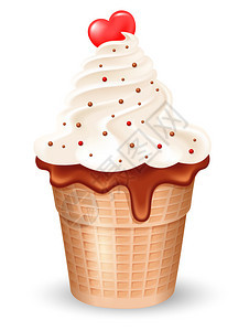 巧克力和果酱红心的华夫饼杯中美味香草冰淇淋矢量图片