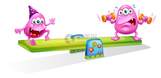 说明两个粉红怪物在白色背景上玩锯木的粉图片