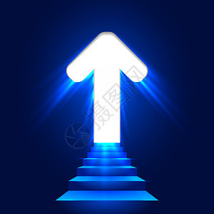 带箭头的楼梯3D图像闪亮的入口蓝色背景上的发光箭图片