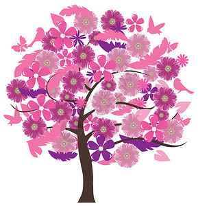 矢量花卉树与鸟蝴蝶背景图片