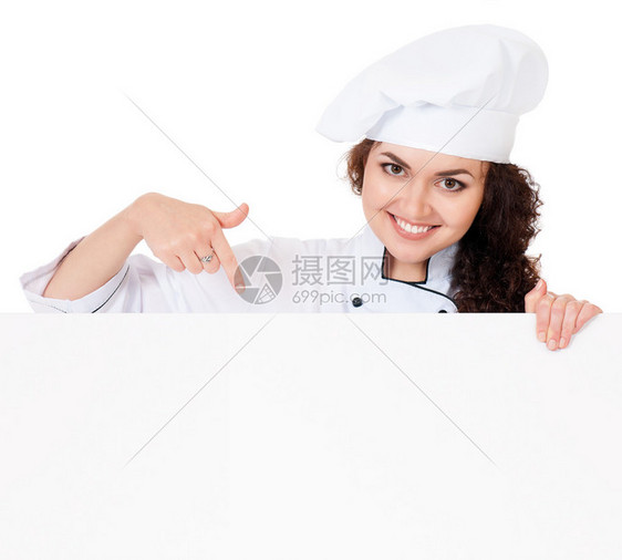 女人用白板做厨师帽孤立图片