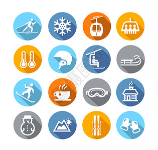 以平板设计风格收集代表滑雪和其他冬季户外活动的冬神图片