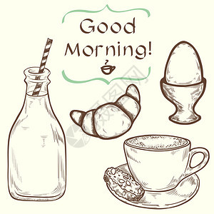 手绘早间咖啡煮一瓶牛奶和羊角面包的草图图片