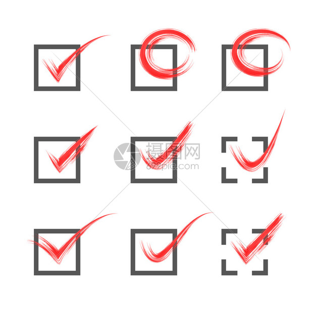 一组九个不同的灰色和红色矢量又脏臭的复选标记或勾选框插画图片下载-正版图片402254801-摄图网