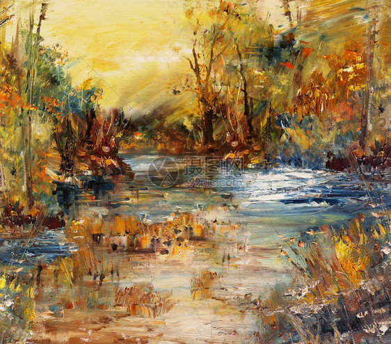 森林中的河流油画抽象背景图片