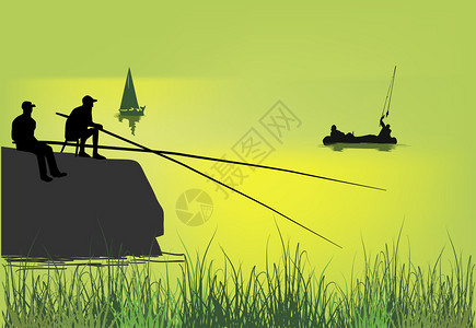 湖边渔夫剪影的插图图片