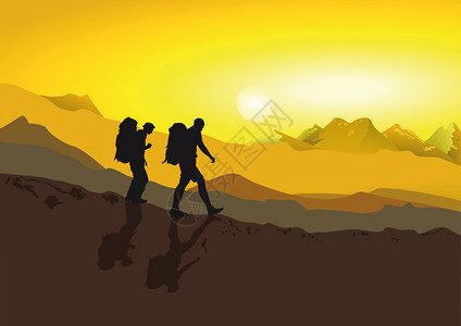 战术背包走在山的远足者插画