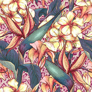 热带无缝模式花朵印在豹形印刷背景上图片