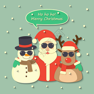 圣诞老人驯鹿和雪人穿着太阳眼镜带着圣诞快乐演说的泡图片