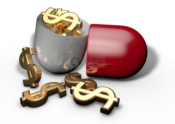白种背景孤立的药丸中的黄金货币符号医药保险概图片