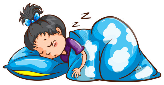 一个年轻女孩睡在她的蓝枕头和图片