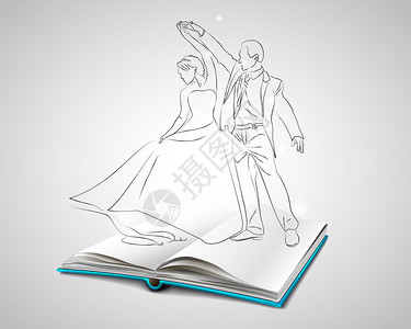 矢量图打开带有蓝色封面的关于跳舞的书素描涂鸦男人和女人跳舞交际舞穿着舞会礼服的女人男人变成女人跳舞蹈训背景图片