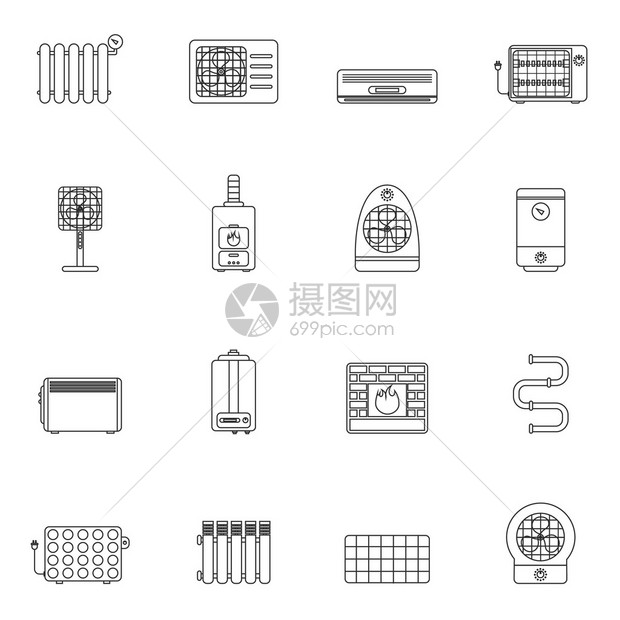 供暖和冷却系统空调设备大纲图标设置了孤立的矢量图图片