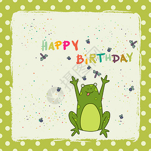 生日卡片上写着快乐的卡通青蛙在Polka点背景图片