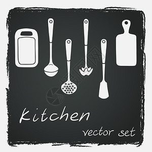 粉笔板背景的一套不同的厨房用图片