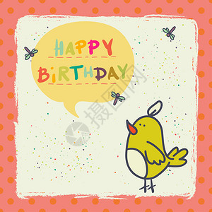 带卡通鸟的生日卡片语言泡和波尔卡圆点背景上的鹦鹉背景图片
