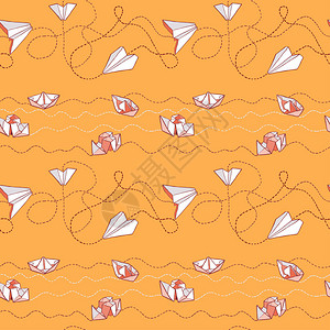 矢量折纸船和纸飞机在橙色背景上的无缝模式飞机的纸模型图片