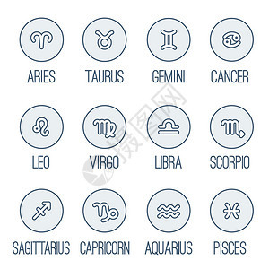 Zodiac符号一组简单的圆形黄道成像图标图片
