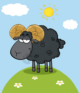 CuteBlackRamSheep卡通在山上的马斯科特字符矢图片