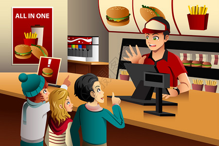 孩子们在快餐店点菜的矢量图图片素材