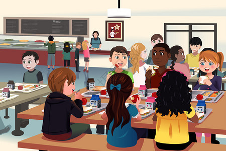 孩子们在学校食堂吃饭的矢量图背景图片