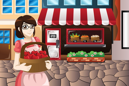 女店主站在店前提着一篮苹果的矢量图图片