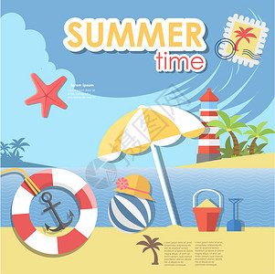 夏季时间信息图表与海滩矢量图背景图片
