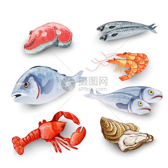 配有鲑鱼牛排虾的海食产品鱼类螃蟹图片