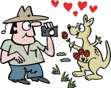 以白色背景拍摄爱心袋鼠图画的澳大利亚游客喜悦的图片