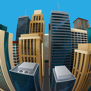全景鱼眼镜头城市景观视图的矢量插图摩天大楼商业中心和其他建筑物的现代城市具有曲线透图片