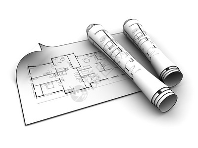 白色背景下滚动蓝图的3d插图图片