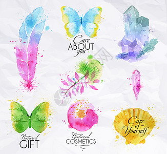 自然水彩漆的符号喷洒小滴蝴蝶羽毛树枝水晶图片