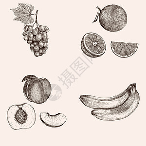 整片橙子和桃子半粒子和分块葡萄团和香蕉的伸展图片