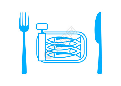蓝色沙丁鱼与白色背景上的餐具图片