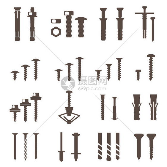 紧固件图标设置螺丝和钉子矢量图片