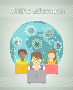 互联网企业现代平面插图一群孩子与笔记本电脑和地球上的教育图标国际在线教育理念概念插画