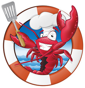 一个快乐的龙虾厨师在航海主题框架中拿着铲子准备烹饪一些美味海图片