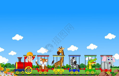 动物火车卡通矢量插画图片