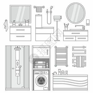 带家具的浴室平面样式矢量图图片