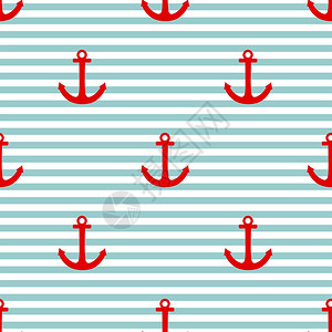 配有红锚和薄荷绿色和白条纹的水手板式矢量模式图片
