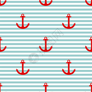 配有红锚和薄荷绿色和白条纹的水手板式矢量模式背景图片