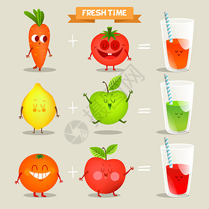 一组可爱的水果插图与有趣的爱和心有趣的食物时间新鲜各种新鲜果汁配方新图片