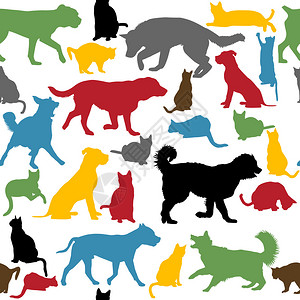 无缝背景与五颜六色的猫和狗剪影图片