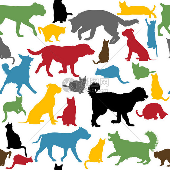 无缝背景与五颜六色的猫和狗剪影图片