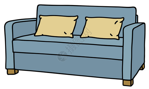 手绘蓝色沙发和两个奶油色枕头图片