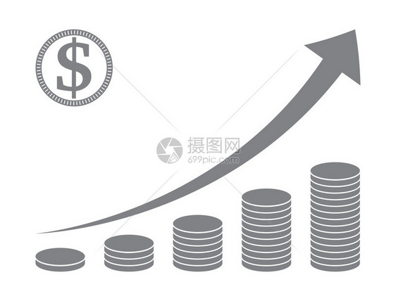 白色背景上带有上升箭头的堆叠硬币图图片