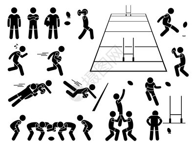 一组人类象形图代表橄榄球运动员的动作和姿势运动图片